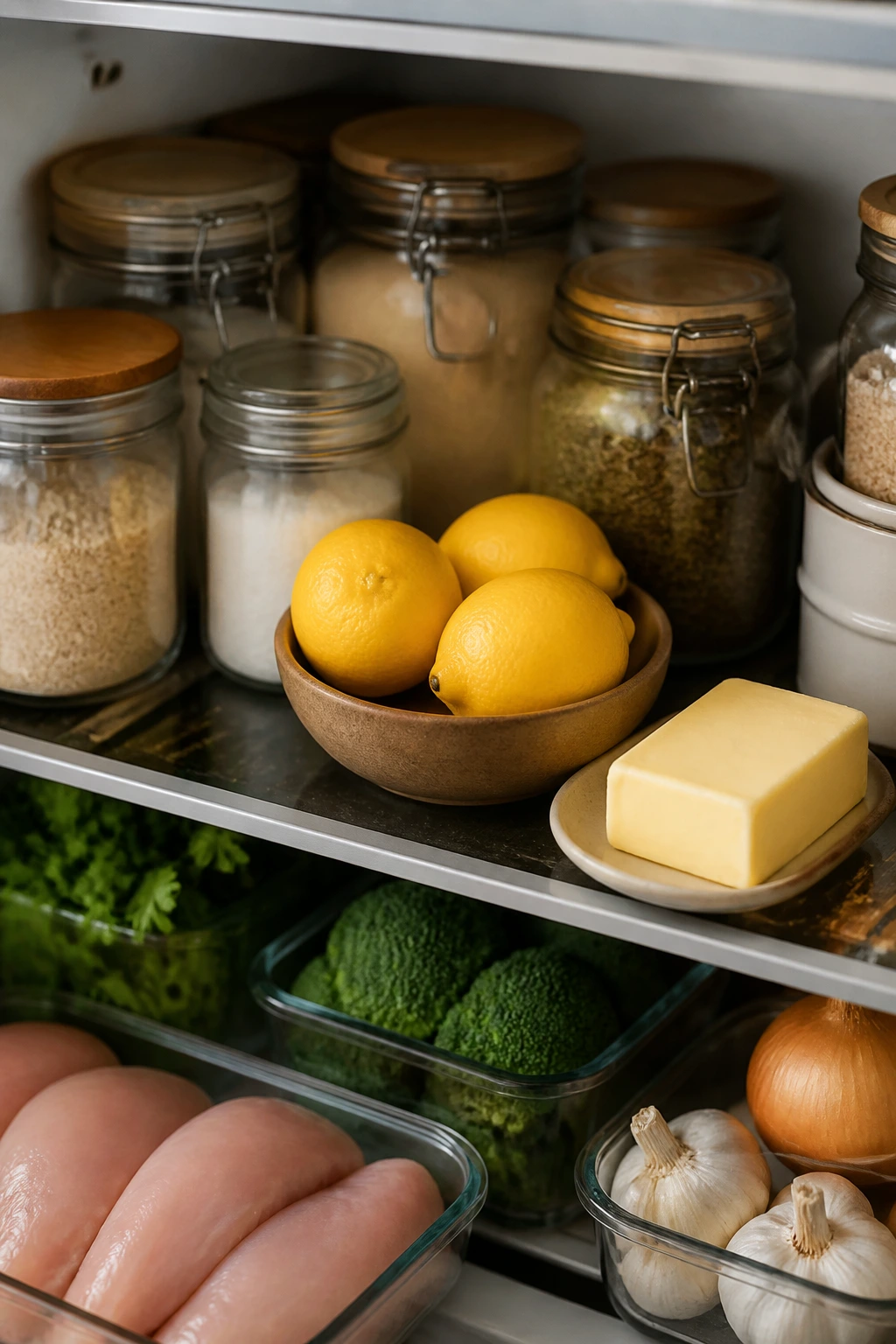 Compact pantry shelf with unlabeled jars, lemons, and a block of butter
