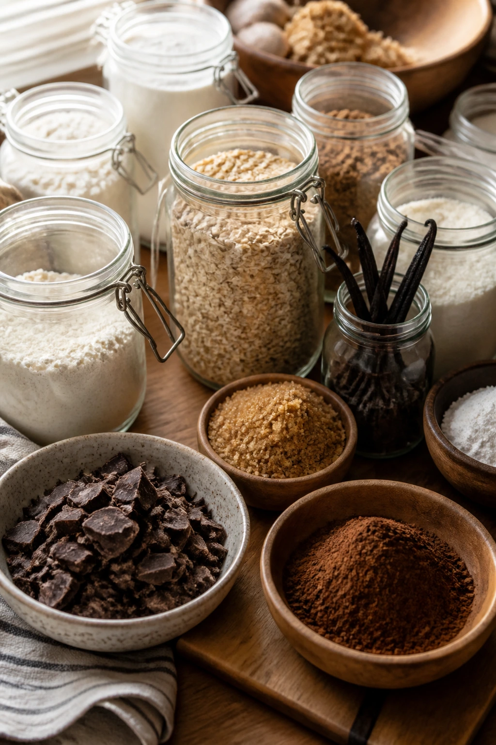 Overhead pantry scene with glass jars of dry ingredients