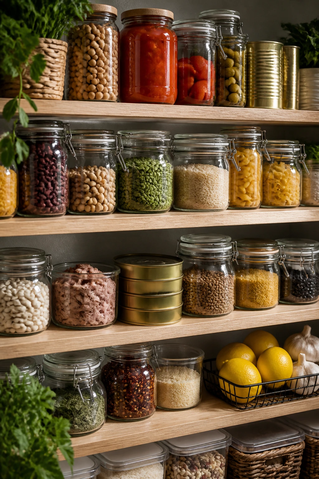 Organized pantry shelf with glass jars and containers on a kitchen wall