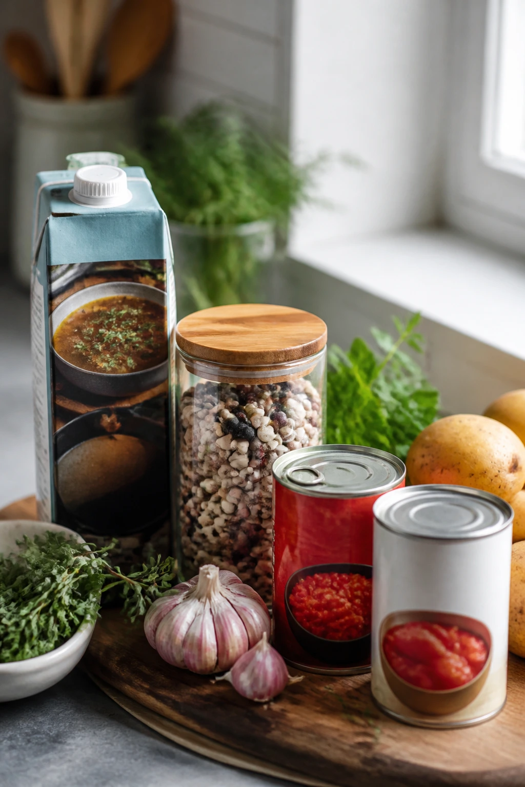 Assorted pantry ingredients on a kitchen counter ready for soup making