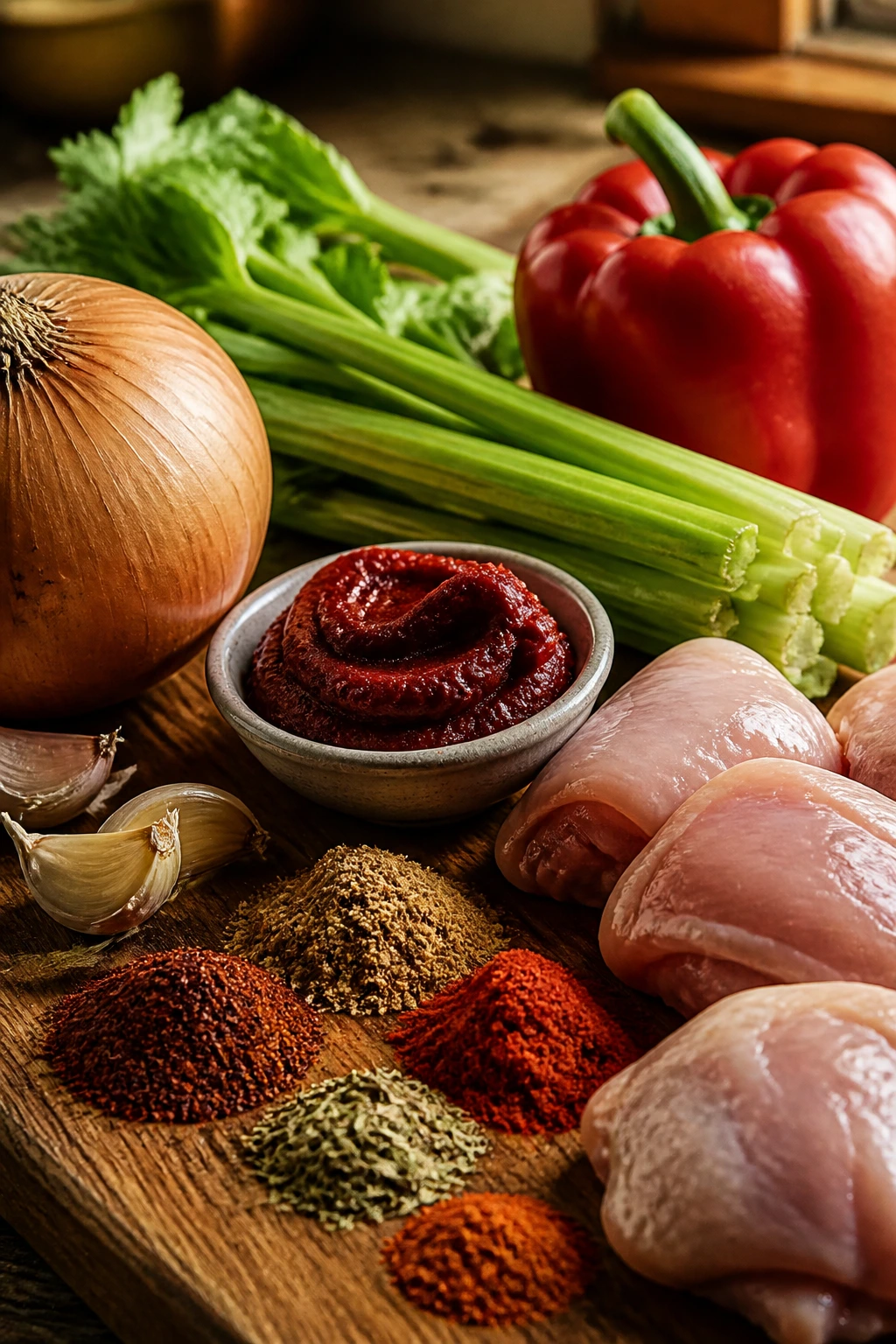 Raw pantry ingredients arranged on a wooden board for Southwest chicken soup