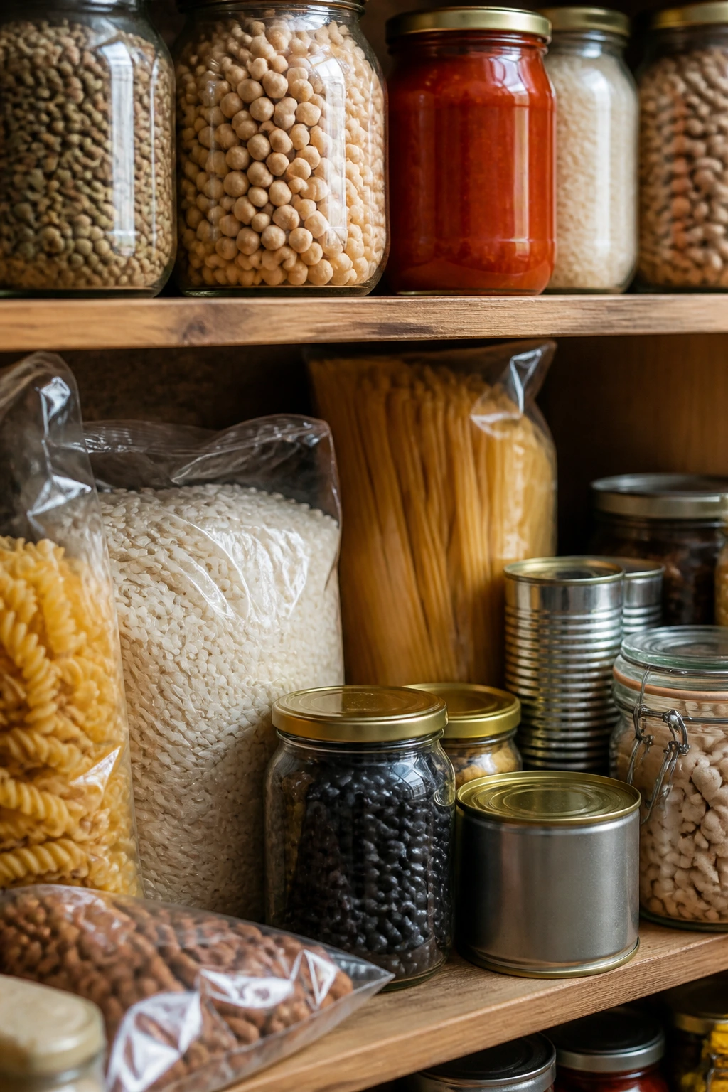 Pantry shelf with pasta, beans, tomatoes and rice