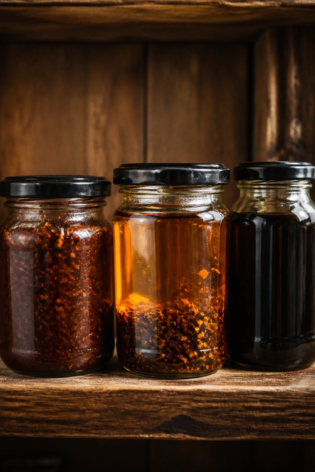 Three glass pantry jars with paste and oils on a wooden shelf
