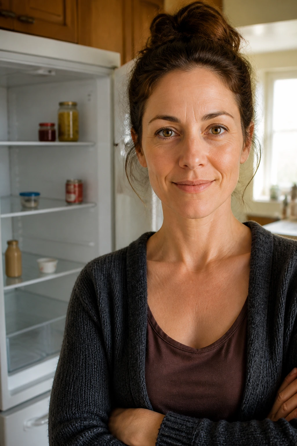 Portrait of a real person in a kitchen beside an almost-empty fridge signaling pantry-based meal planning