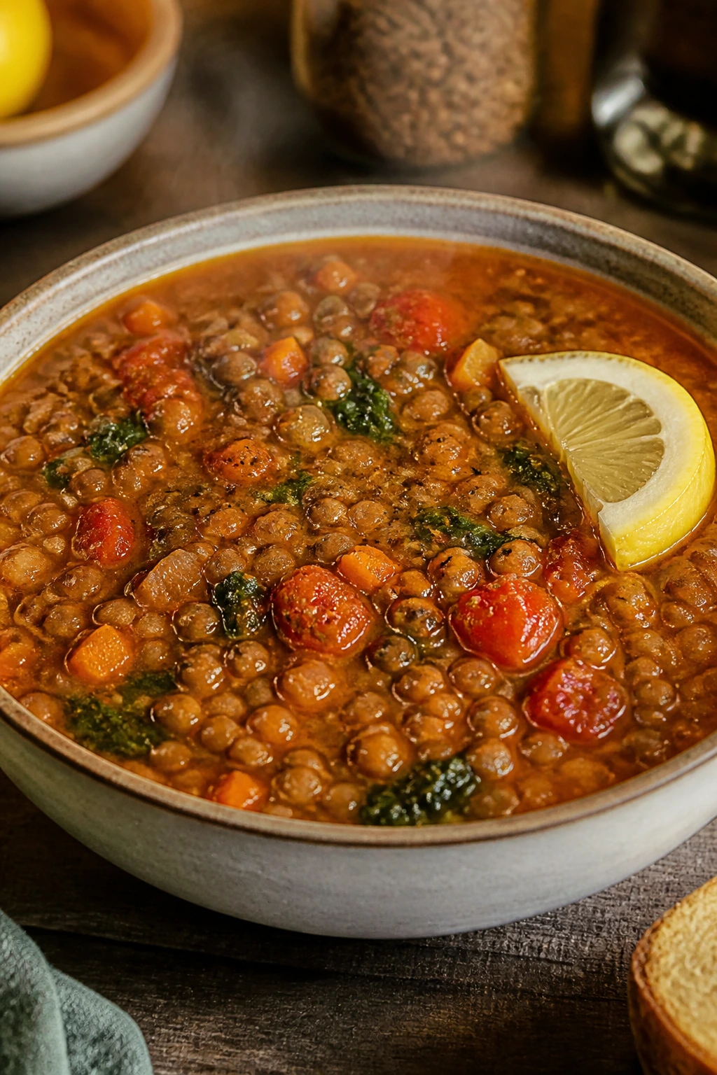 Steaming lentil soup in a bowl highlighting pantry-based dinner