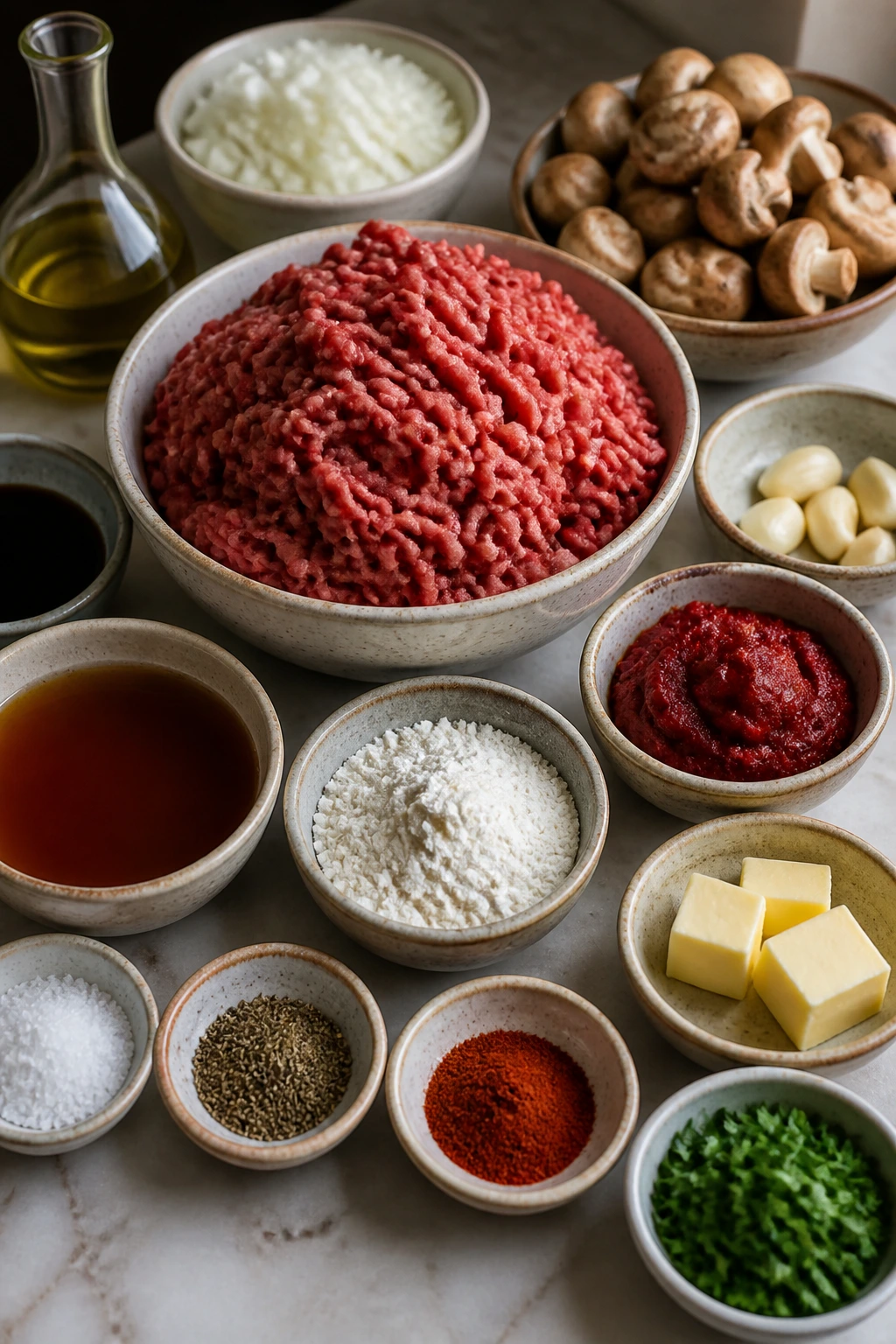 Lineup of pantry ingredients for beef skillet in bowls