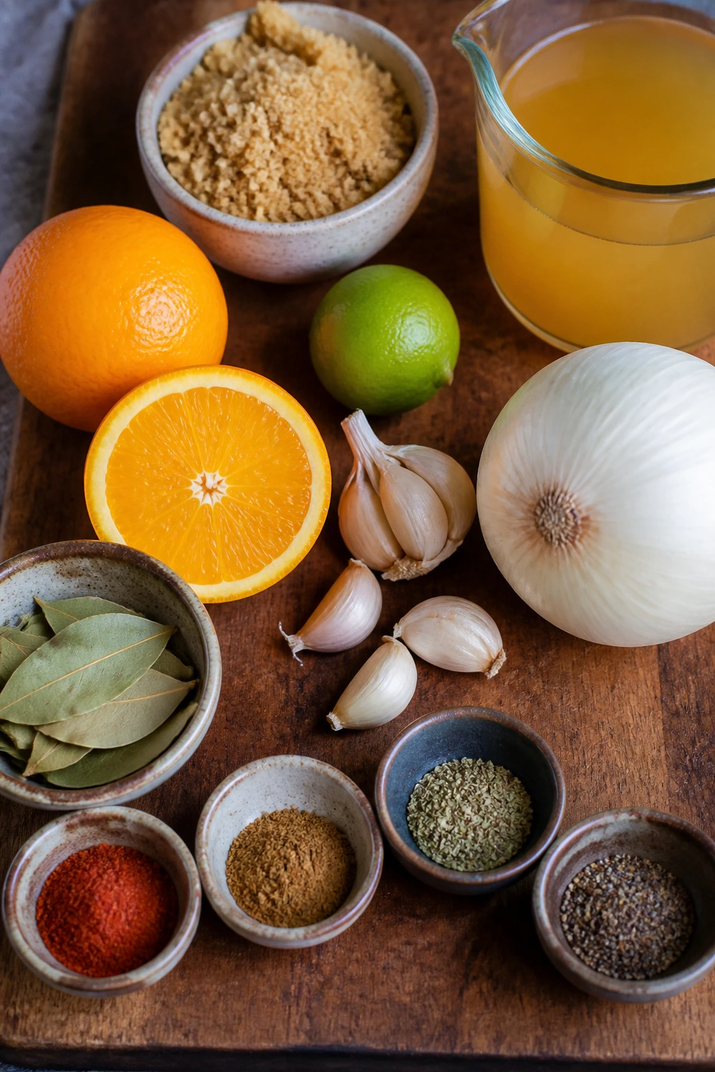 Pantry ingredients lined up for pork carnitas and glaze on a wooden board