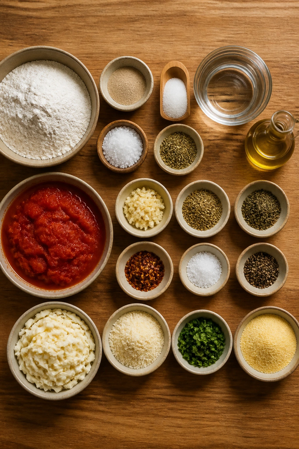 Top-down pantry lineup for dough, sauce, and finish with bowls of ingredients