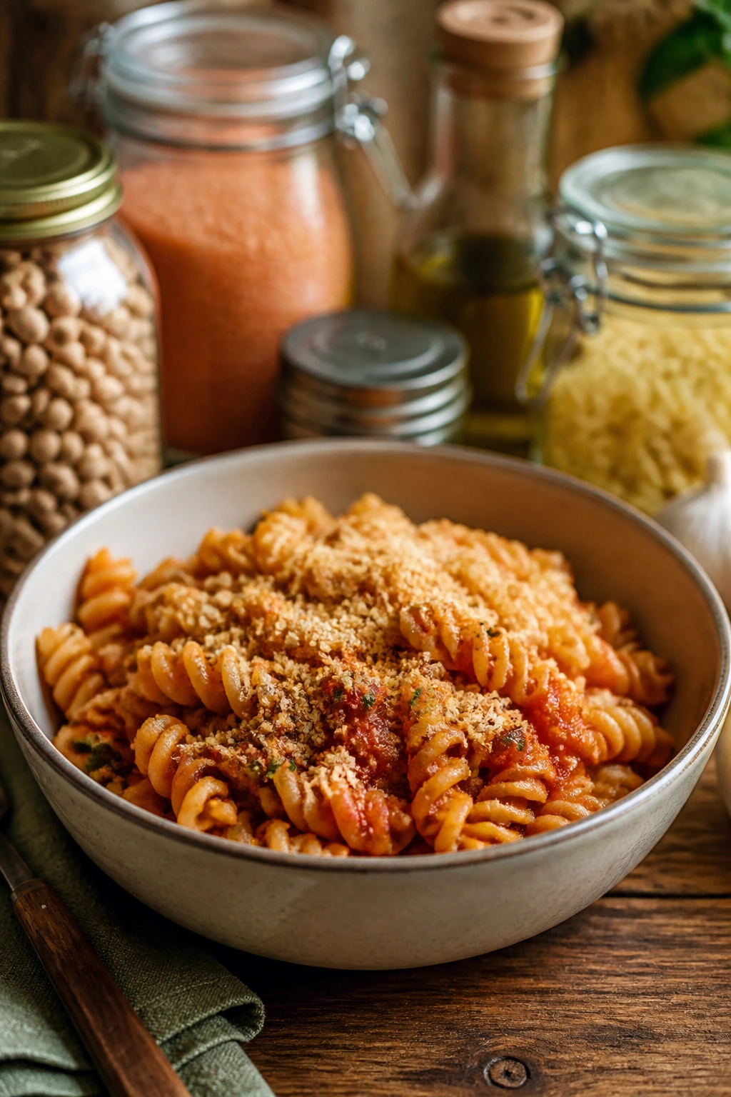Pantry-inspired quick lunch bowl on a wooden table with blurred jars in the background