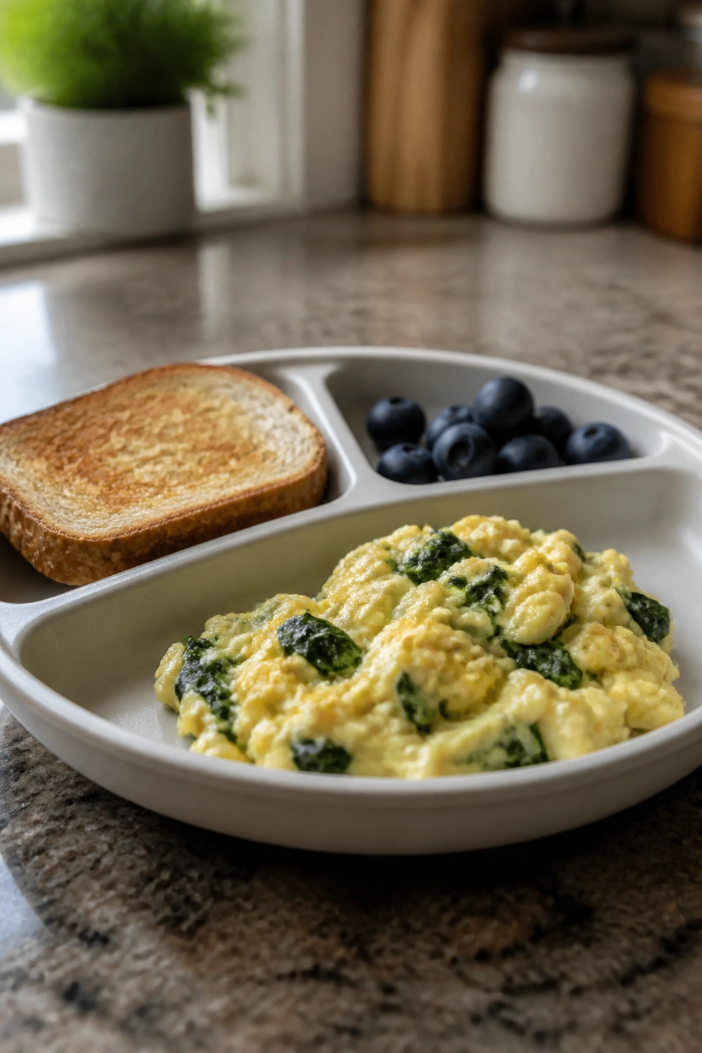 Plate with eggs, spinach and toast for a quick toddler dinner