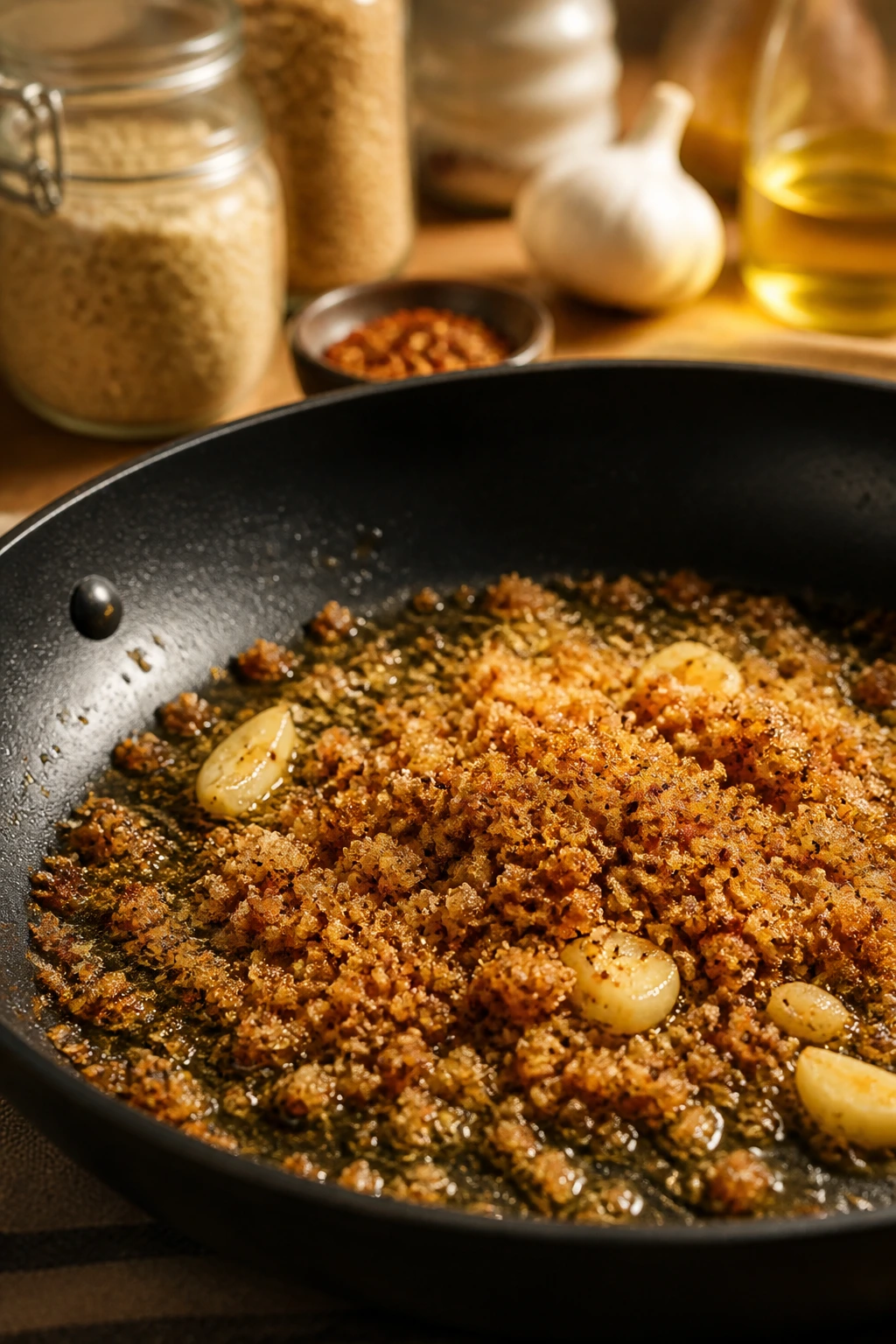 Skillet with garlic oil and breadcrumbs with pantry items blurred in background