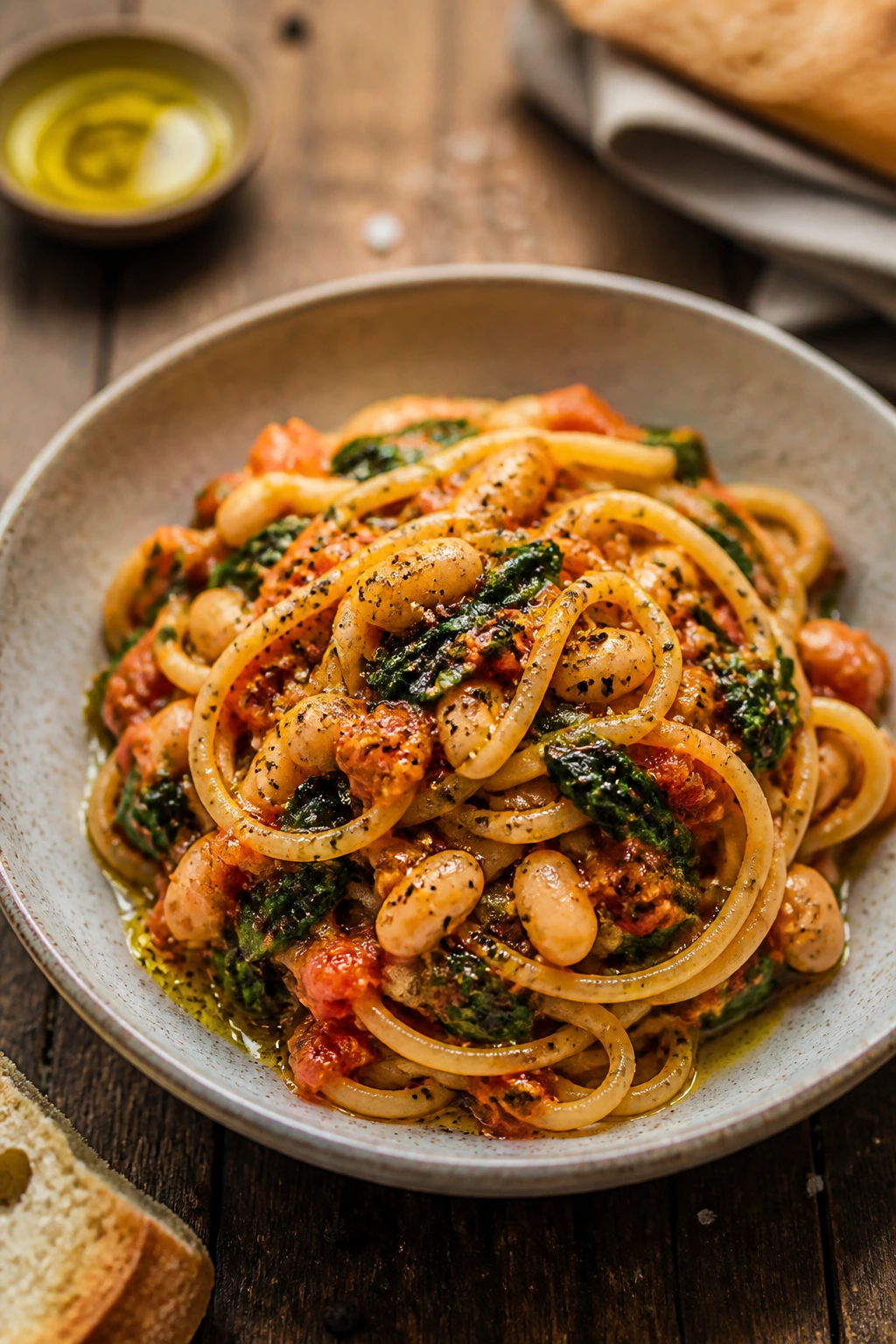 Close-up of a simple pantry meal plated on a rustic wooden table with olive oil drizzle