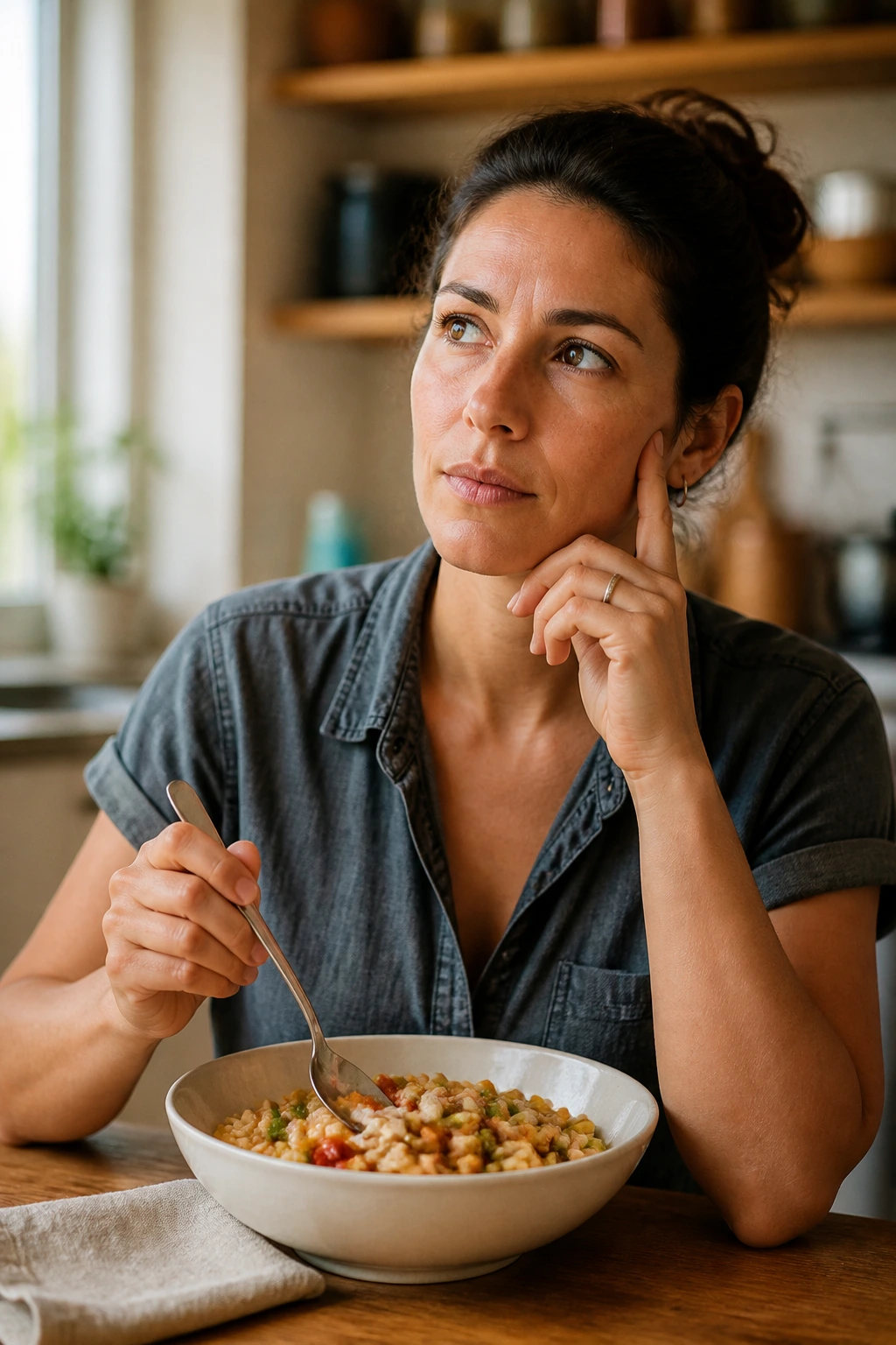 Thoughtful person in a kitchen pondering pantry meals
