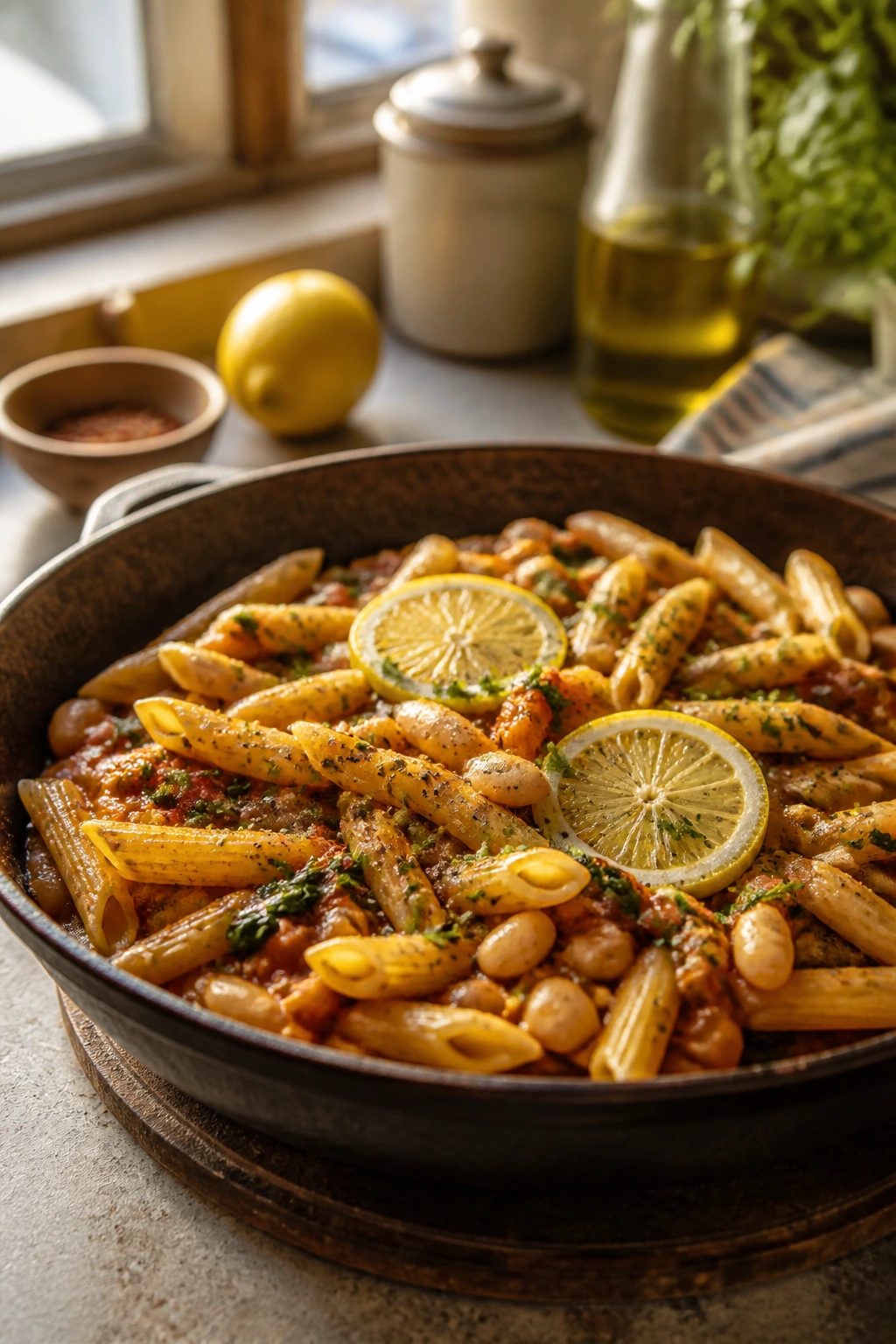 Close-up of a pantry-based pasta dish in a skillet on a warm kitchen counter