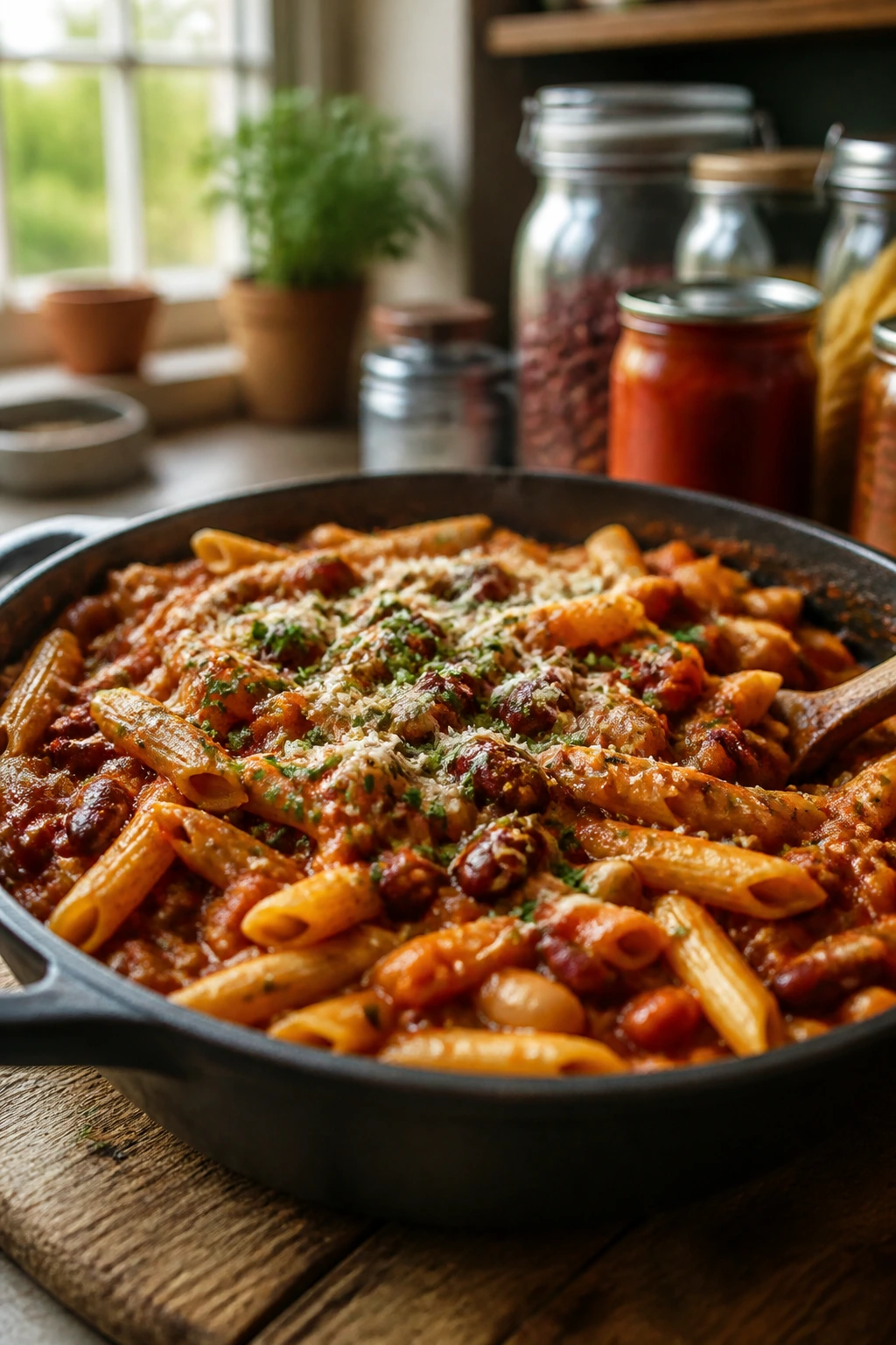 Close-up of a skillet pasta dish made from pantry staples.