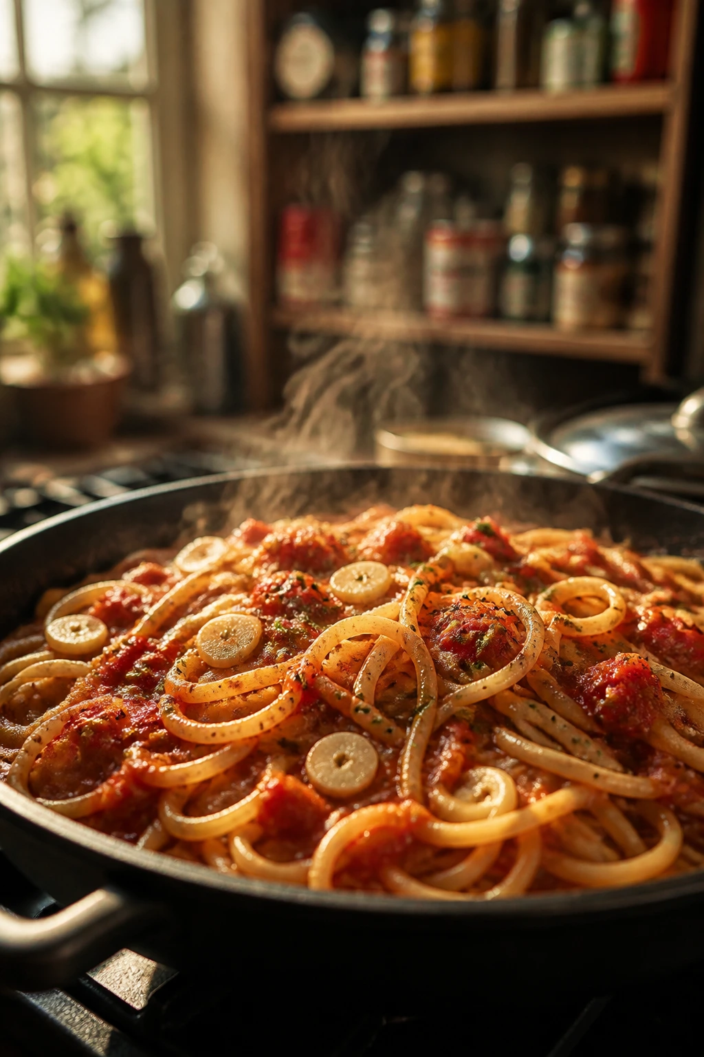 Close-up of a pantry-friendly pasta dish in a skillet, steam rising in a warm kitchen.