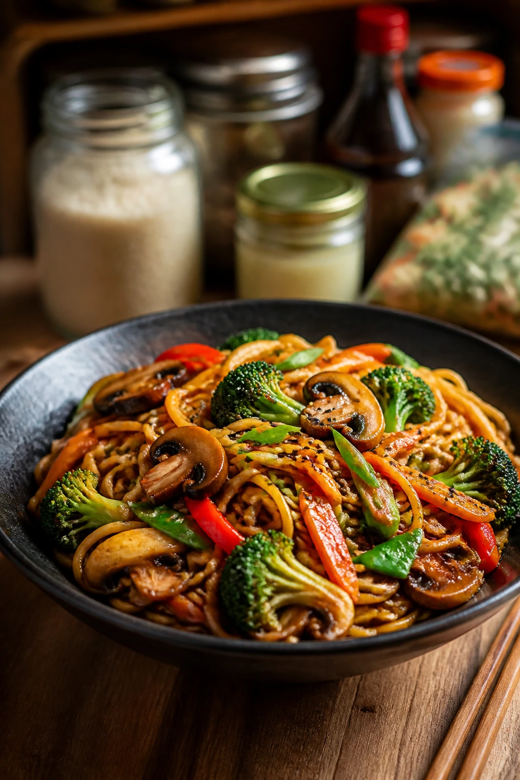 Plated pan-Asian noodle dish on a wooden table with pantry items blurred in background.