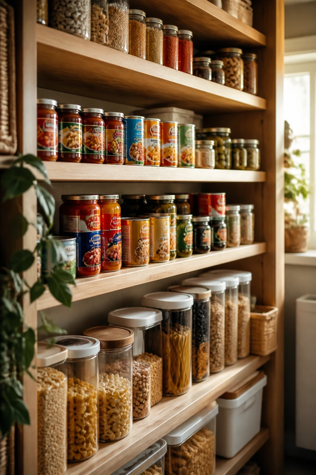 Close-up of a tidy pantry shelf with generic cans, jars, and boxes; labels unreadable