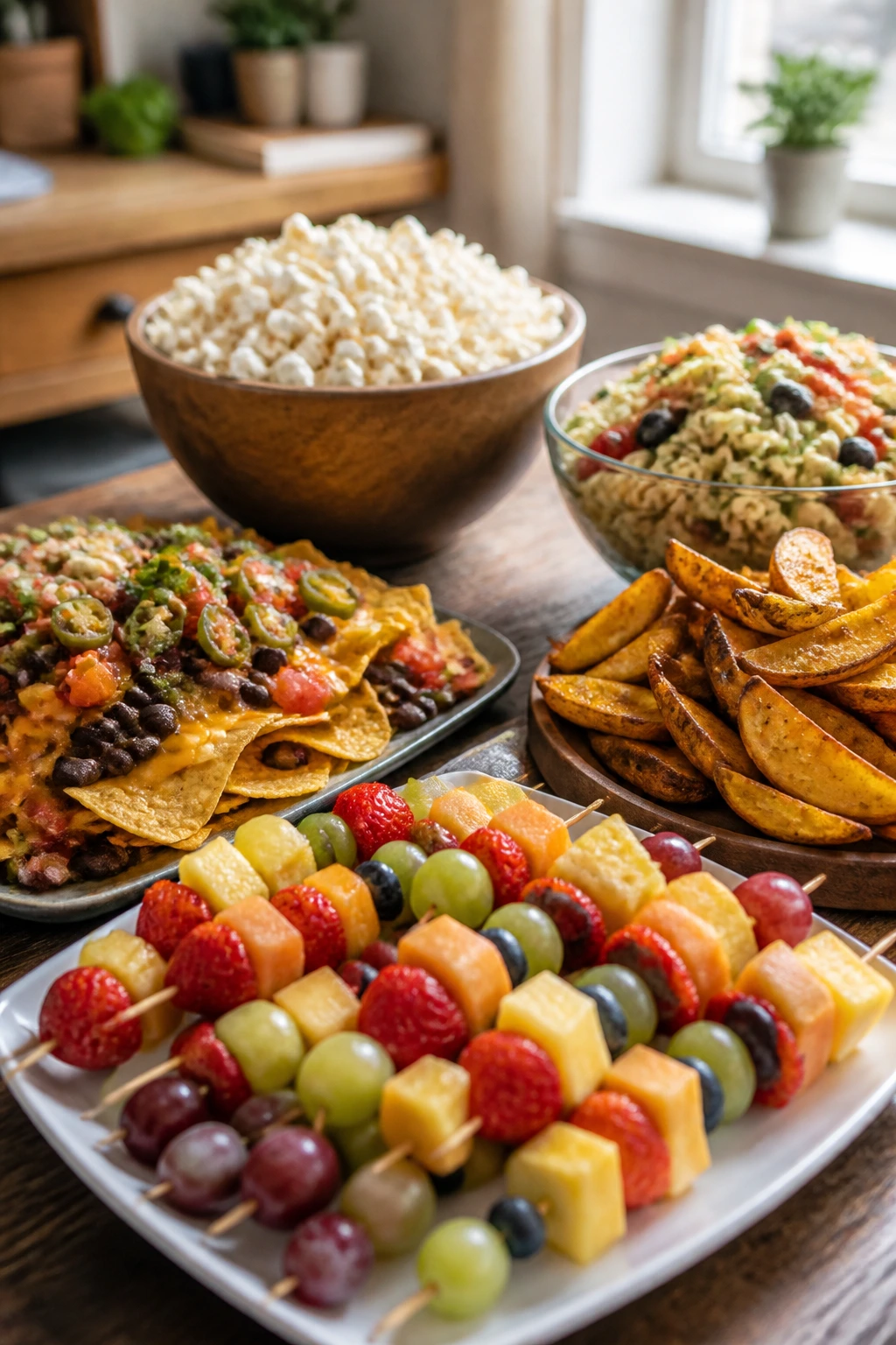 Buffet table with budget-friendly variations like popcorn, nachos, pasta salad, and fruit skewers