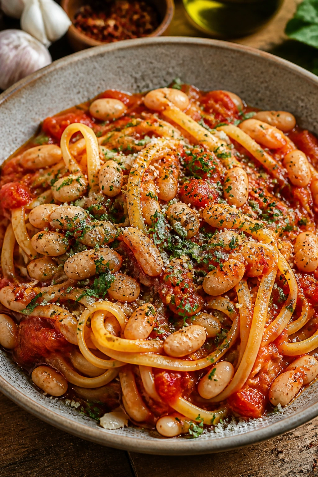 Plate of pantry-inspired pasta with tomato sauce and beans