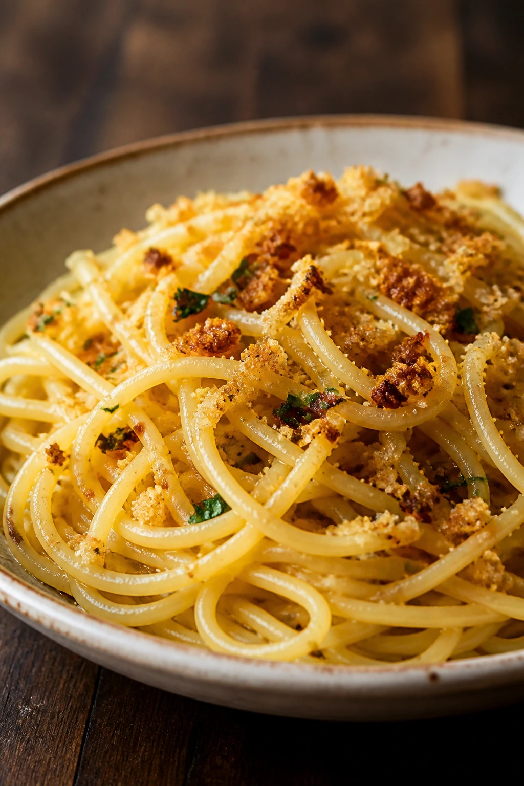 Close-up plate of garlic butter spaghetti with toasted breadcrumbs on a wooden table