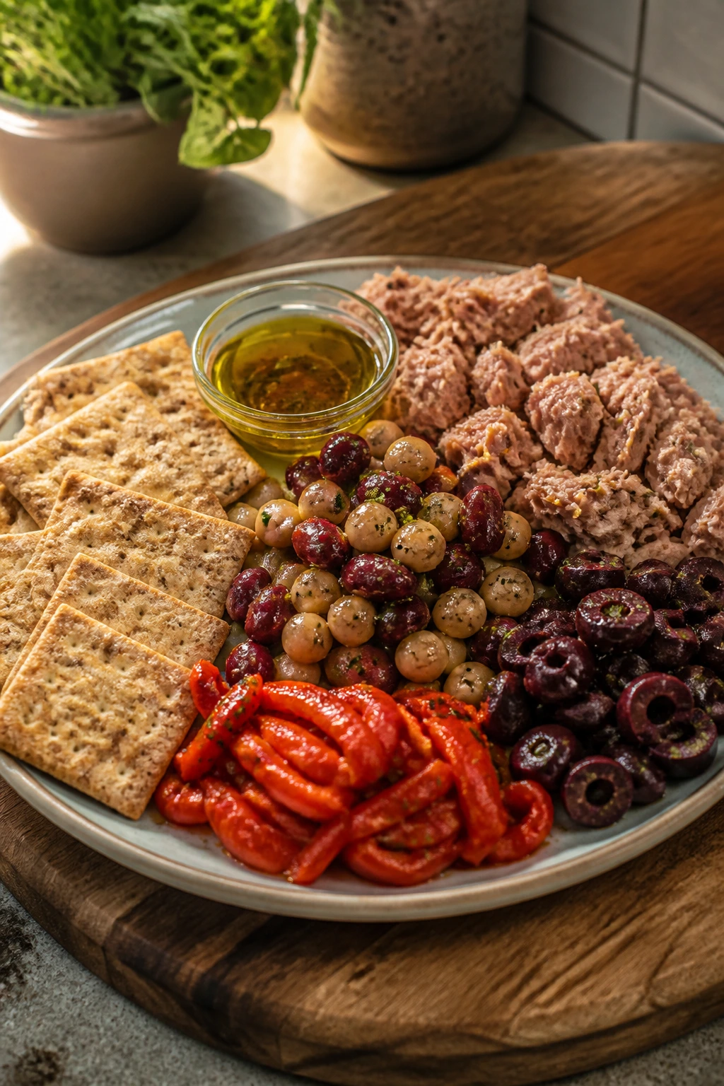 Close-up of a no-cook pantry plate with tuna, beans, crackers, peppers, olives, and dressing on a wooden board