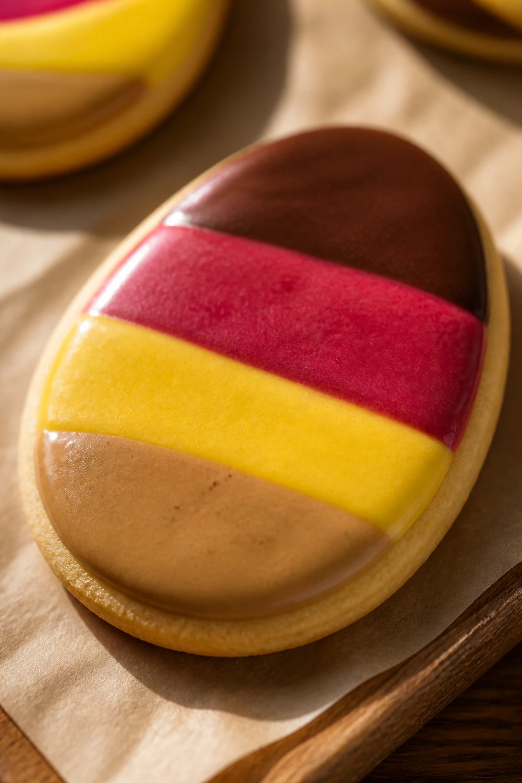 Egg cookie with multiple colored glaze stripes