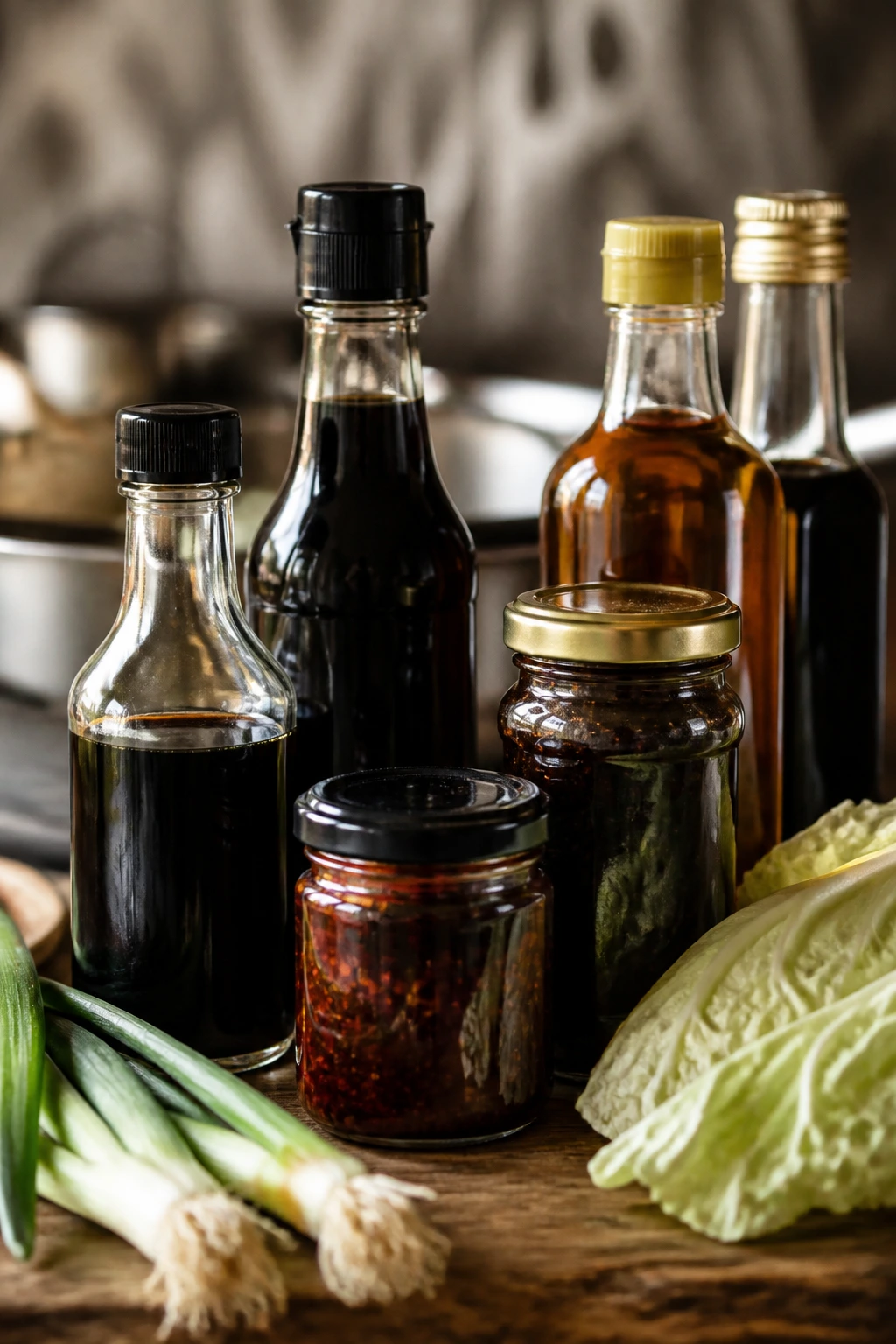 Close-up of unlabeled pantry bottles on a wooden counter