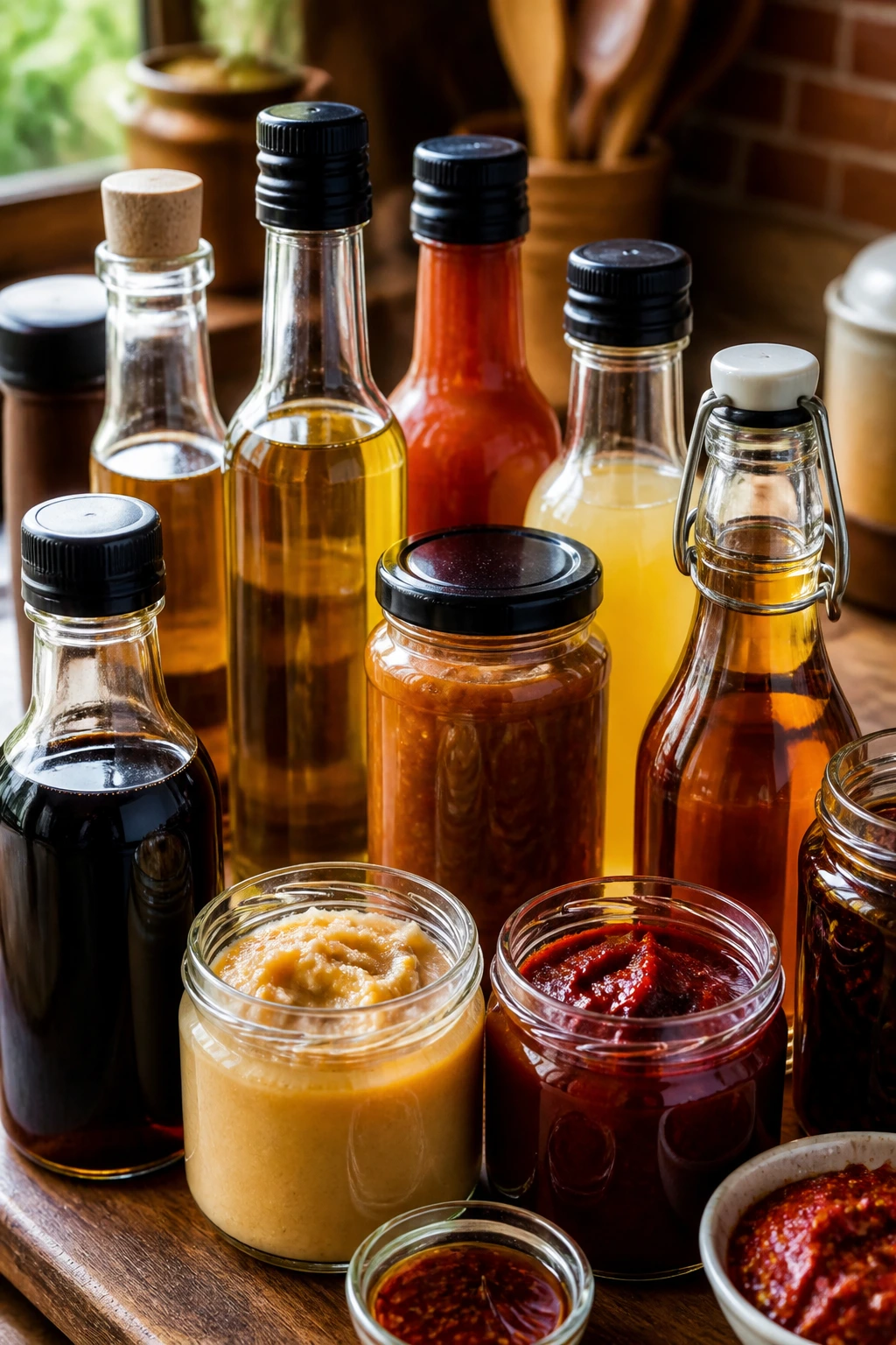 Close-up of unlabeled pantry sauce bottles on a wooden kitchen counter