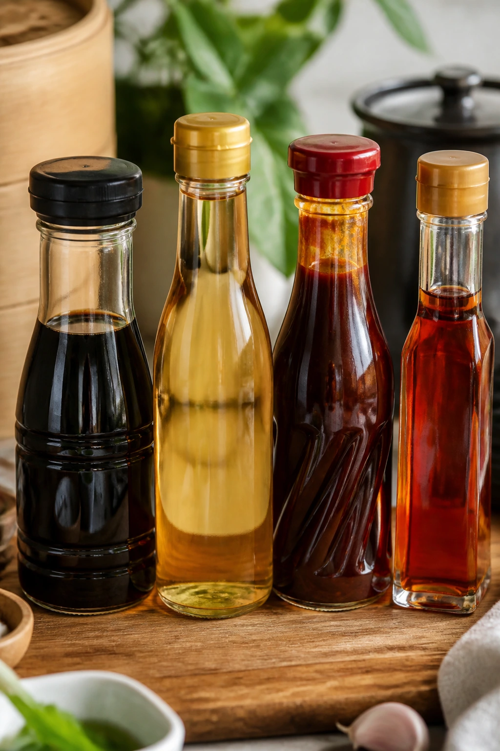 Bottles of soy sauce, rice vinegar, oyster sauce, and sesame oil on wood surface