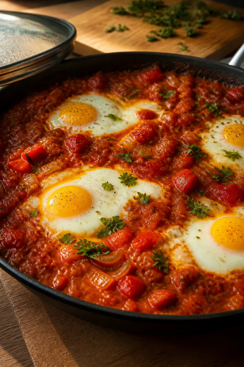 Skillet shakshuka with eggs in tomato sauce