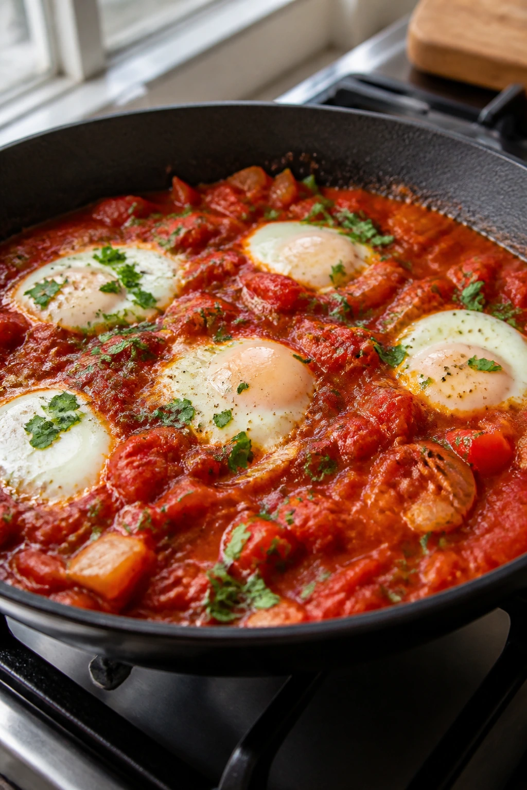 Skillet shakshuka with eggs poached in tomato sauce