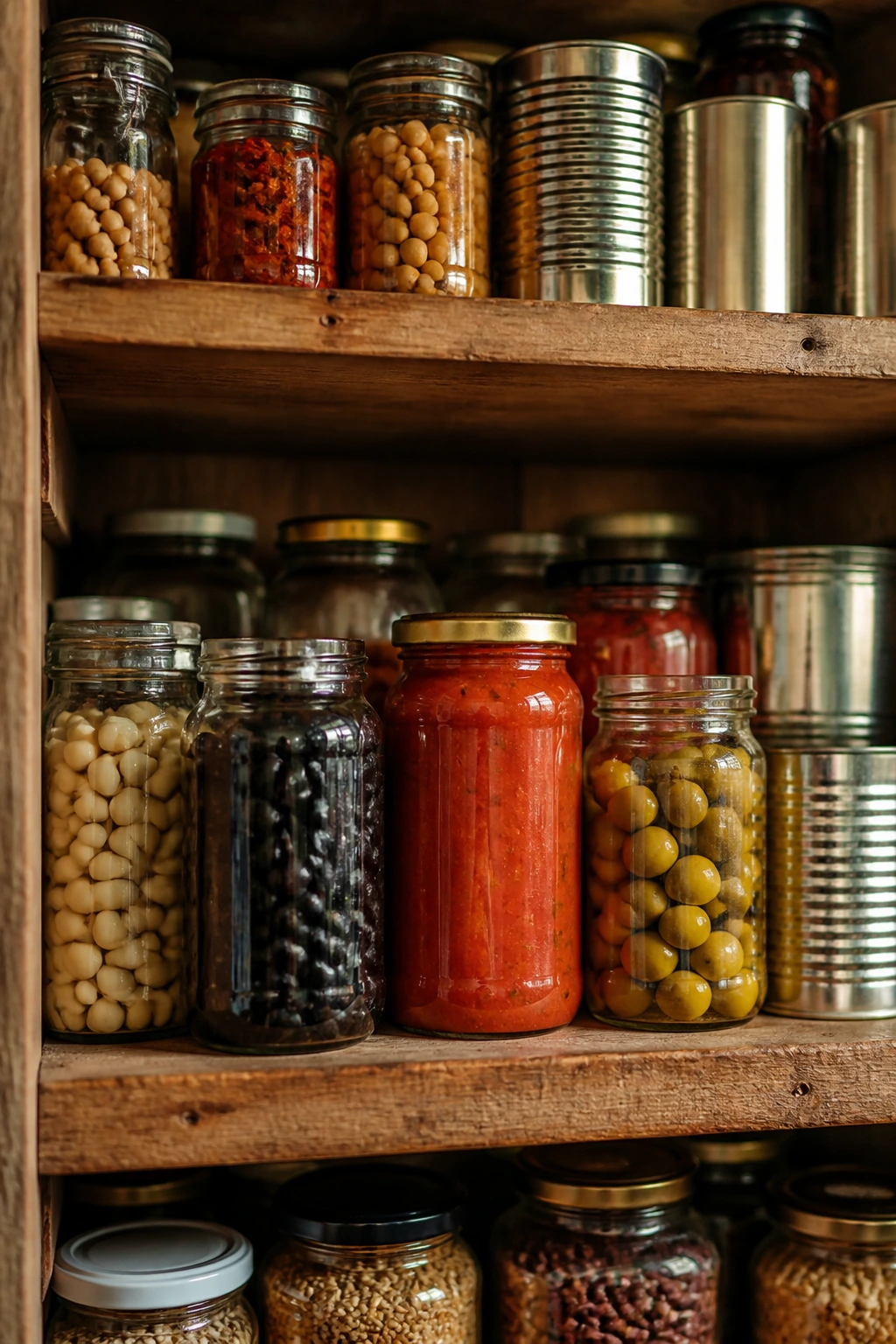 Close-up of a pantry shelf loaded with beans, tomatoes, olives on wooden shelves