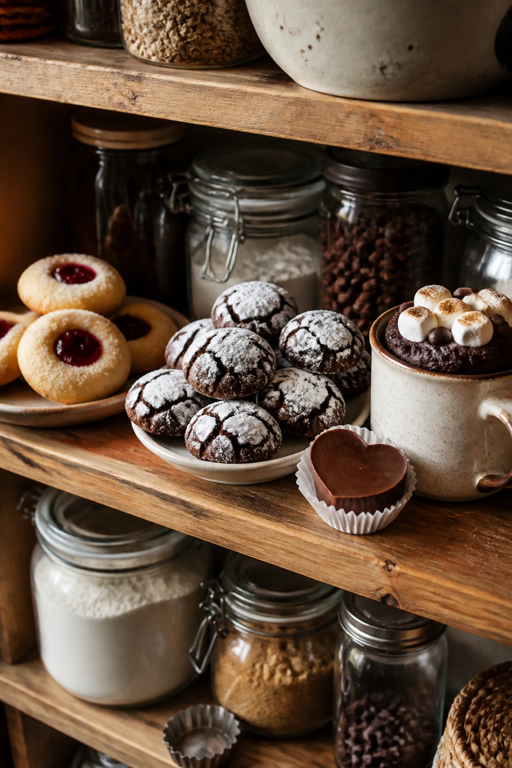 Close-up of a rustic wooden shelf loaded with tiny desserts like thumbprints and crinkles