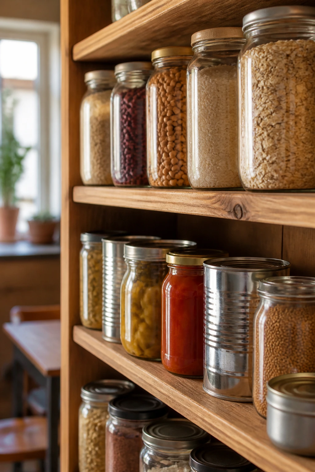 Pantry shelf with unlabelled jars and cans in a kitchen