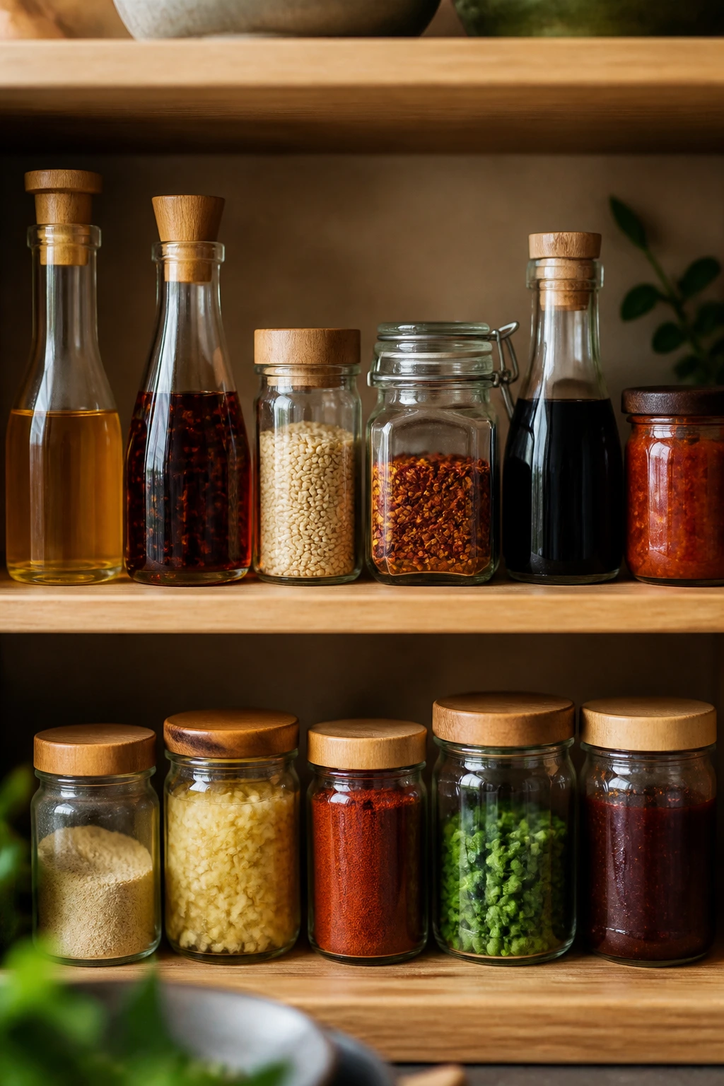 Close-up of a compact pantry shelf with essential Korean ingredients neatly arranged