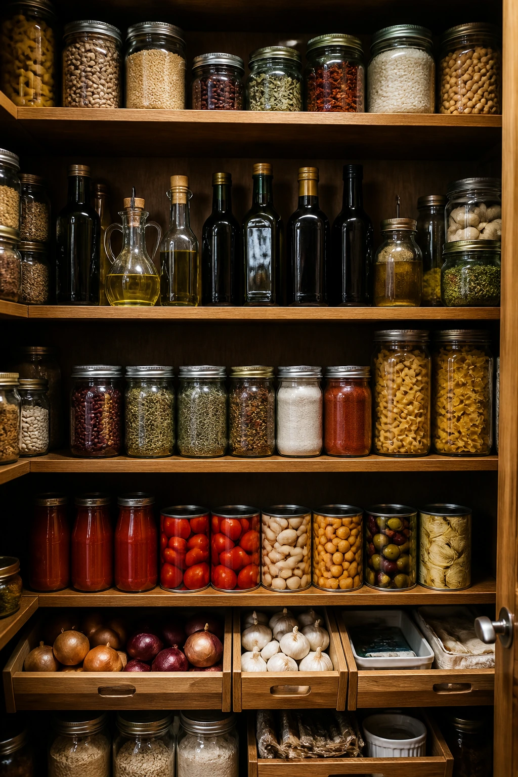 Organized pantry shelf with jars and cans
