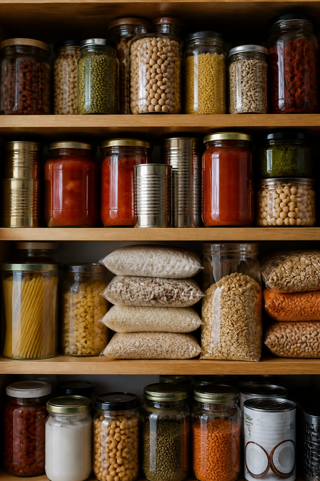 Close-up of a fully stocked pantry shelf as the hero in a realistic kitchen setting