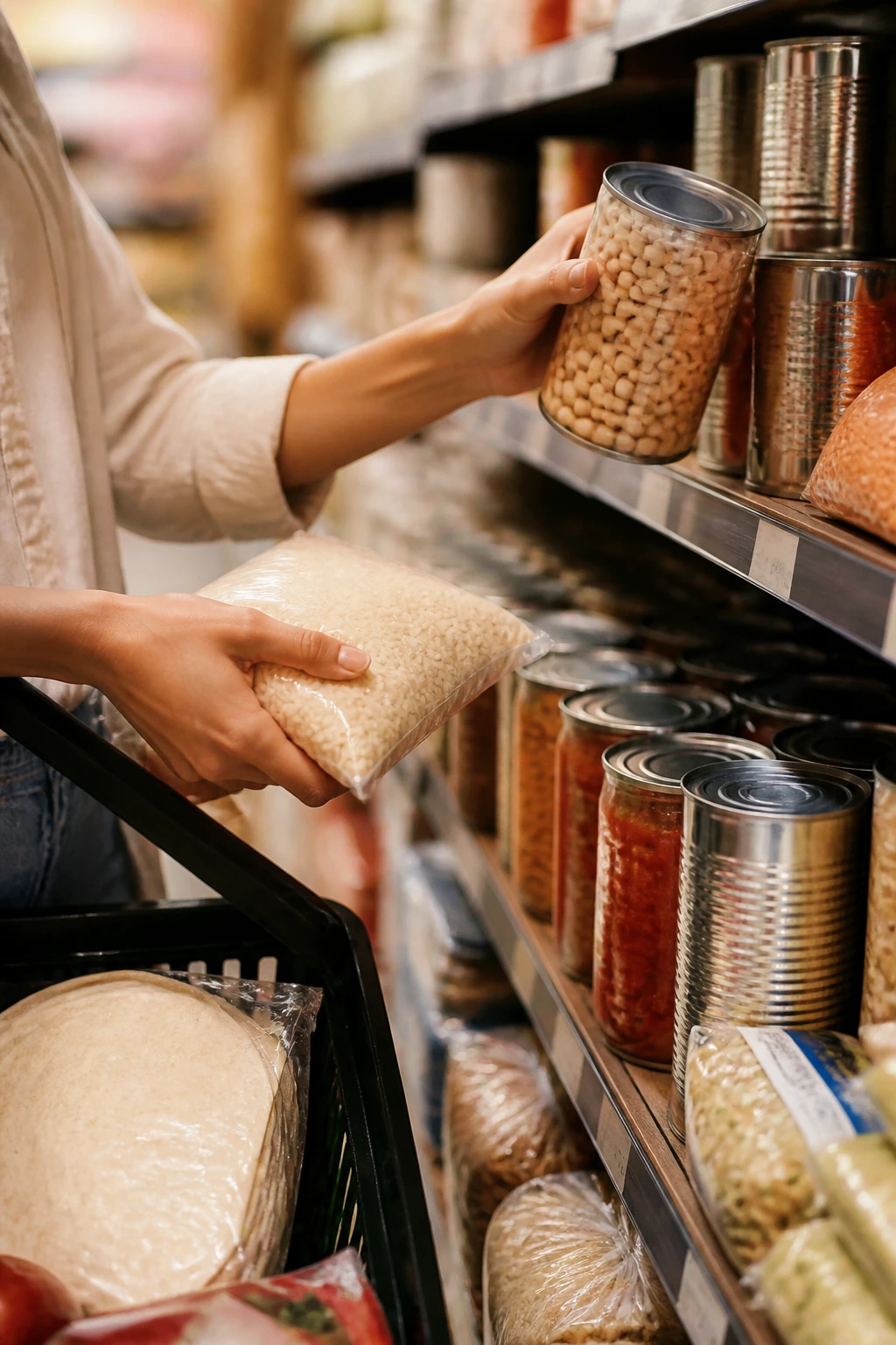 Hands selecting shelf-stable pantry items in a grocery setting