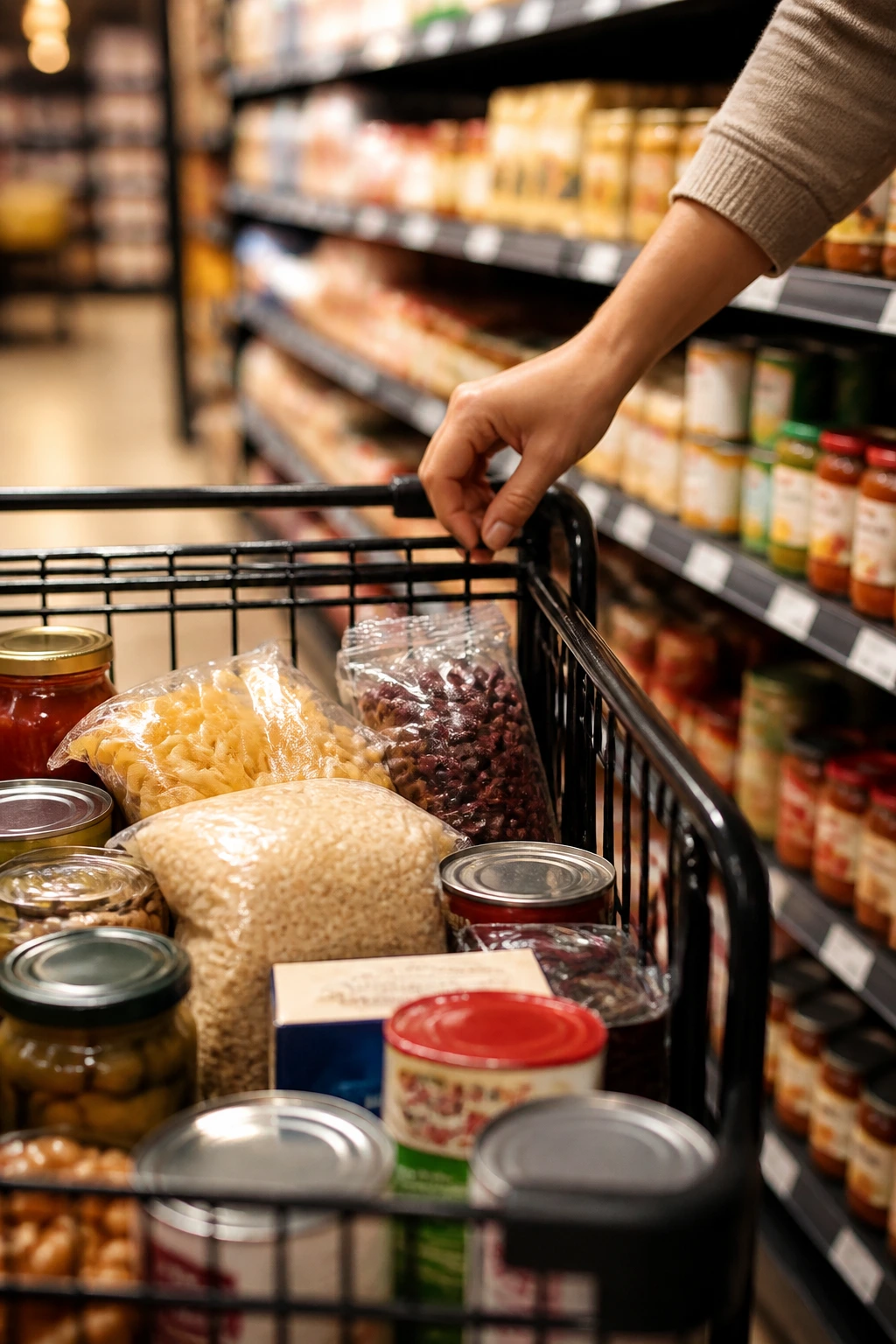 Shopping cart with pantry staples silhouette in a store aisle