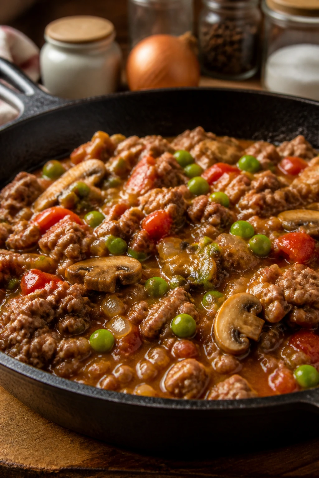 Skillet dish with beef, onions, mushrooms, peas in a glossy gravy in a home kitchen