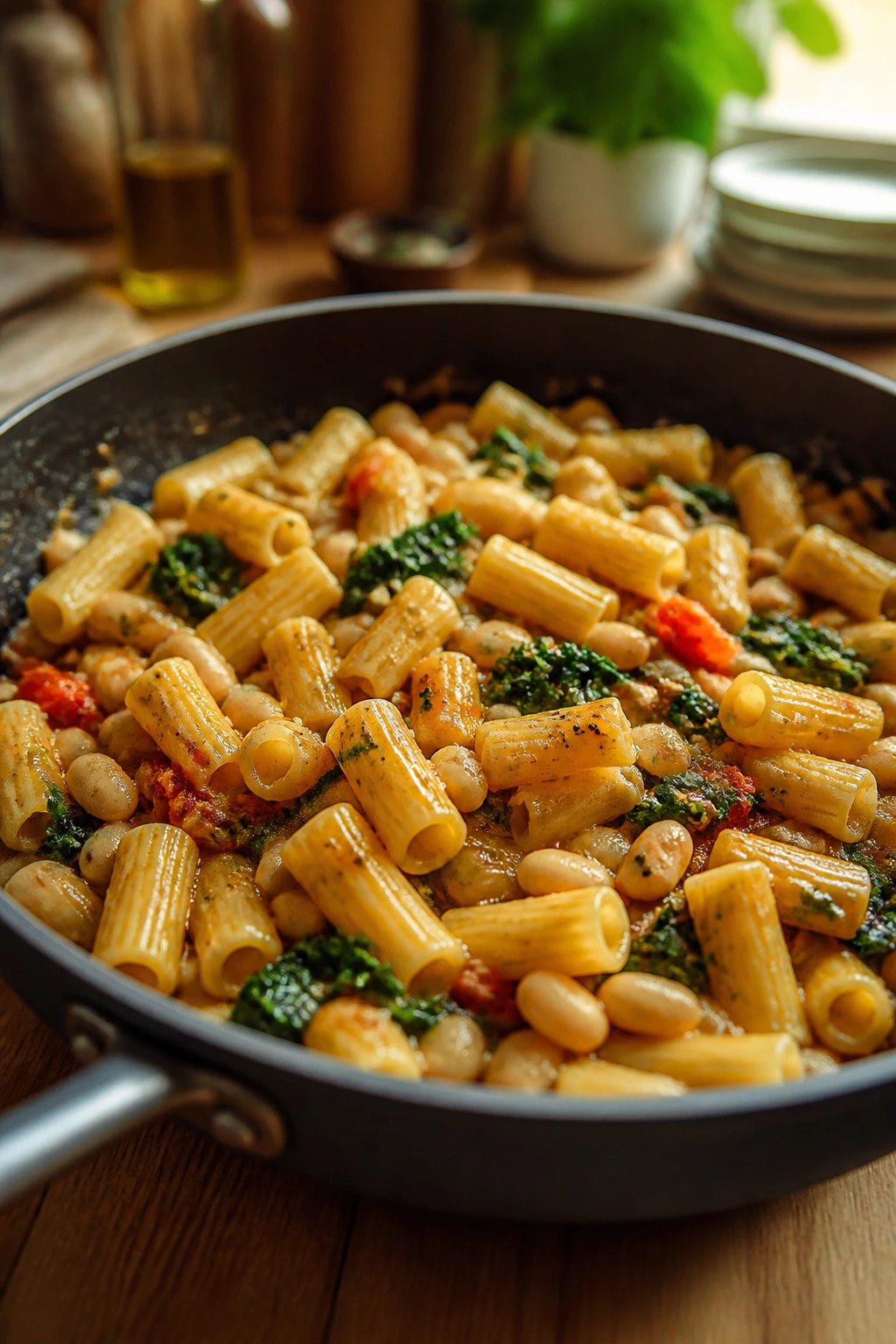 Close-up skillet dinner made from pantry staples in a warm kitchen