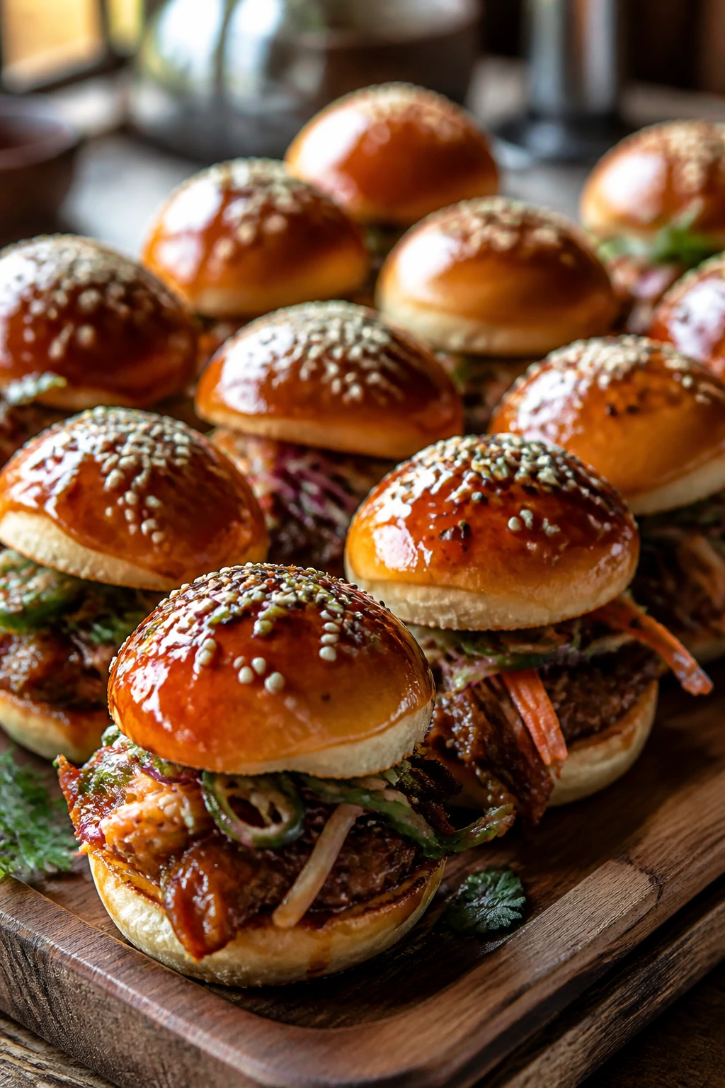 Tray of glossy mini sliders on a wooden board