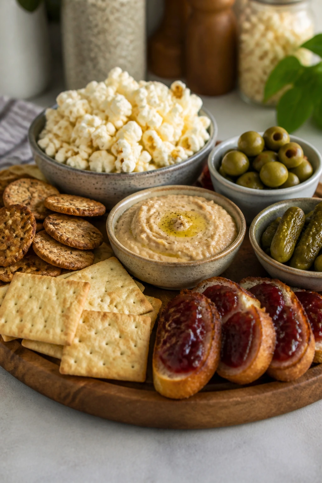 All-pantry snack board with popcorn, crackers, olives, pickles, bean spread, and jam on toast points