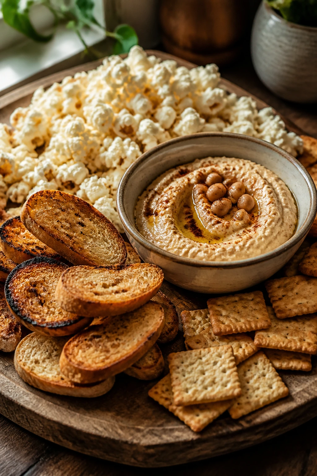 Close-up of a pantry-inspired snack board with popcorn, bread, and bean dip on a wooden surface