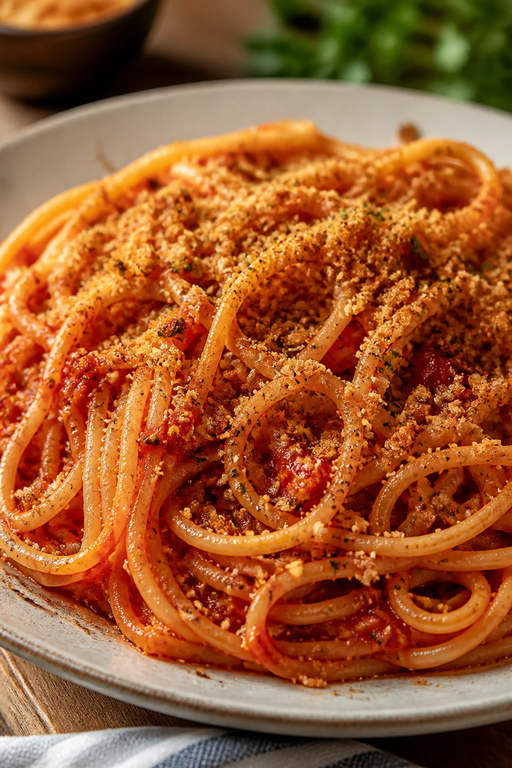 Close up of spaghetti with garlic breadcrumbs on a plate