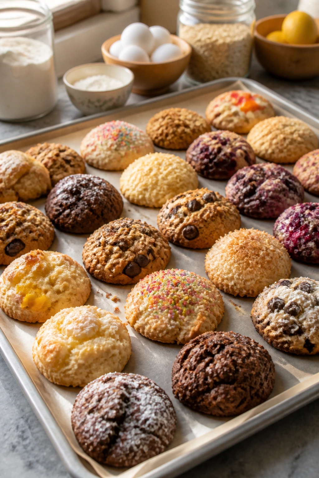 Close-up tray of pantry-staple cookies on parchment in a warm kitchen
