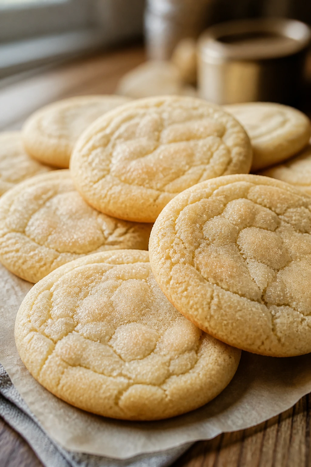 Close-up cluster of pantry-staple sugar cookies on parchment on a rustic wooden table