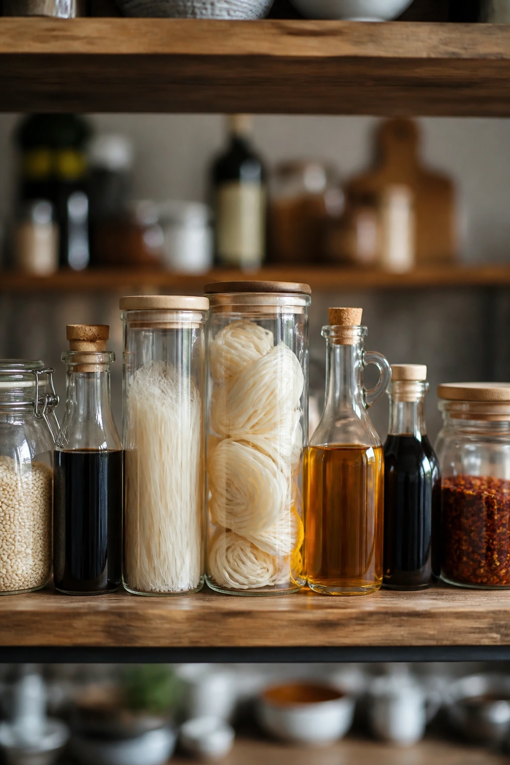 Pantry shelf with unlabeled jars and bottles of soy sauce, vinegar, sesame oil