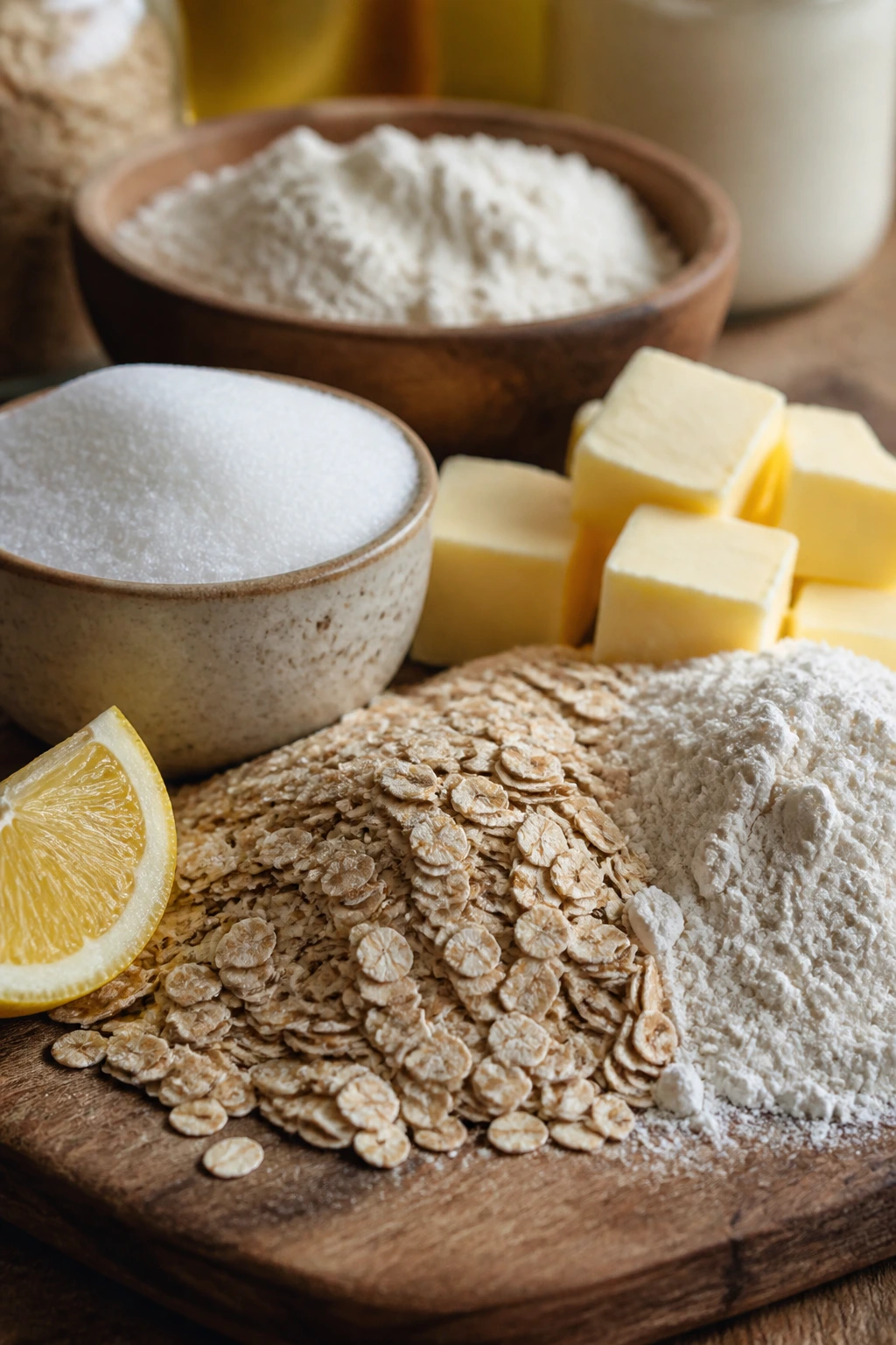 Pantry staples like oats, flour, sugar, butter, and lemon on a wooden board
